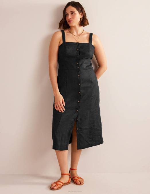 Boden vêtements noir femmes robe midi à bretelles en lin LB2X970