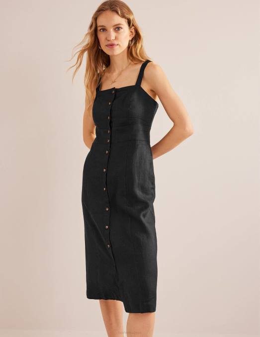 Boden vêtements noir femmes robe midi à bretelles en lin LB2X970