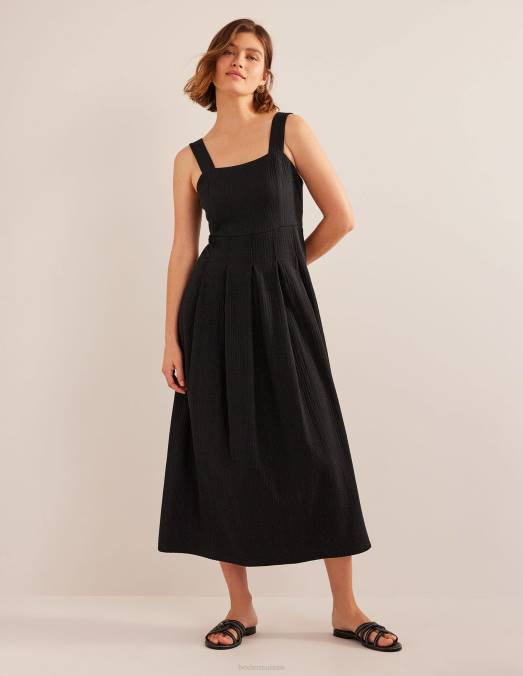 Boden vêtements noir femmes robe midi à bretelles en seersucker LB2X998