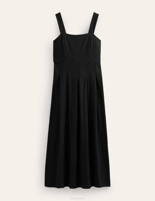 Boden vêtements noir femmes robe midi à bretelles en seersucker LB2X998