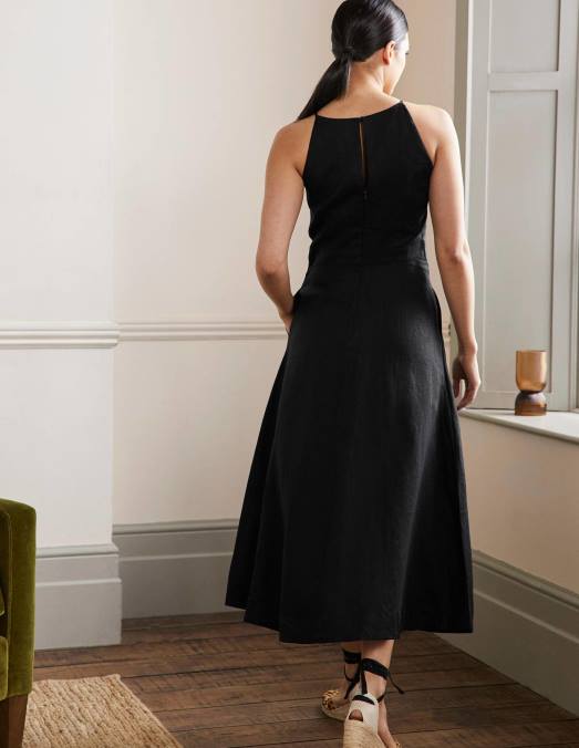 Boden vêtements noir femmes robe midi dos nu en lin LB2X79
