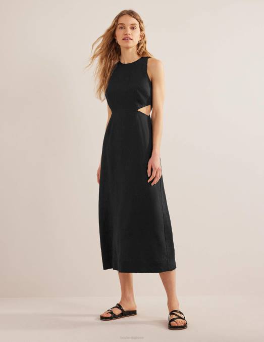 Boden vêtements noir femmes robe midi en lin à découpes LB2X2273