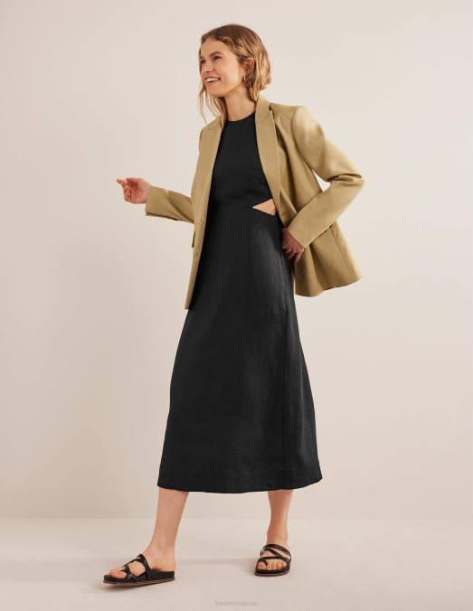 Boden vêtements noir femmes robe midi en lin à découpes LB2X2273