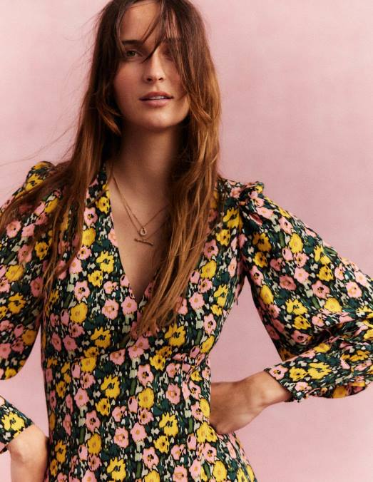 Boden vêtements nuit d'émeraude et coquelicot abstrait femmes robe longue à manches blousantes LB2X2439