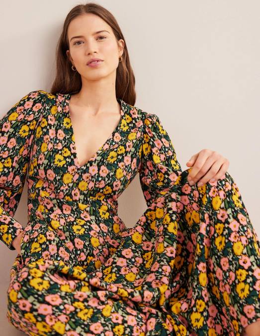 Boden vêtements nuit d'émeraude et coquelicot abstrait femmes robe longue à manches blousantes LB2X2439