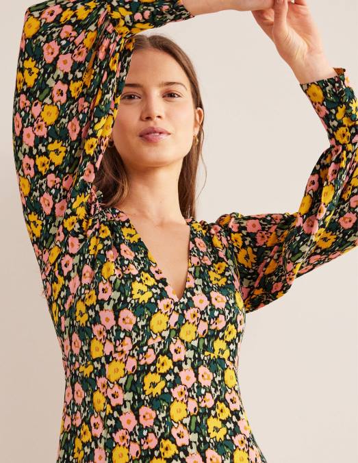 Boden vêtements nuit d'émeraude et coquelicot abstrait femmes robe longue à manches blousantes LB2X2439