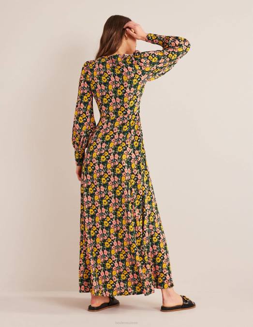 Boden vêtements nuit d'émeraude et coquelicot abstrait femmes robe longue à manches blousantes LB2X2439