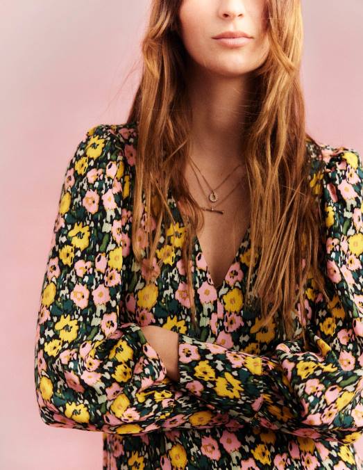 Boden vêtements nuit d'émeraude et coquelicot abstrait femmes robe longue à manches blousantes LB2X2439