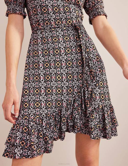 Boden vêtements pépins noirs et opulents femmes robe courte portefeuille en jersey à volants LB2X929