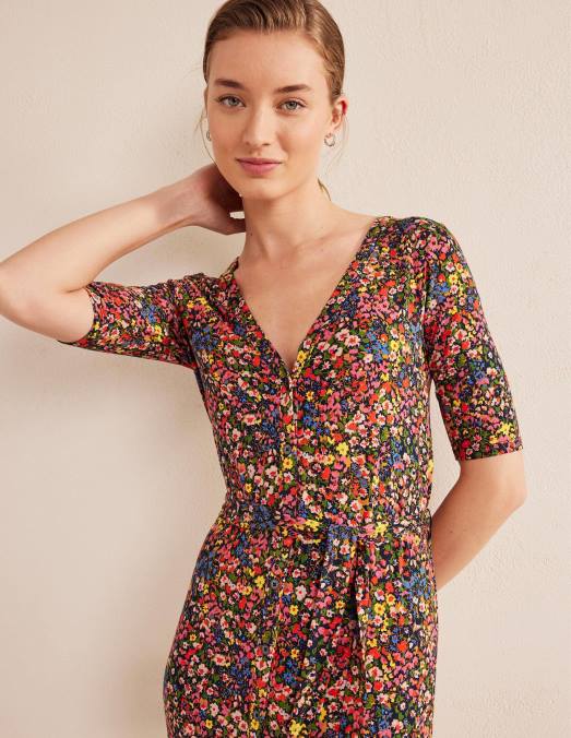 Boden vêtements pétale multi & gardénia femmes robe mi-longue en jersey boutonnée sur le devant LB2X1397