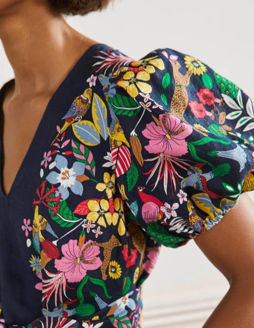 Boden vêtements paradis marine et exotique femmes robe mi-longue en lin à manches bouffantes LB2X2563