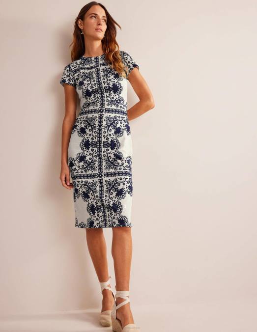 Boden vêtements placement de la marine et des fleurs femmes robe midi colonne en jersey LB2X1405