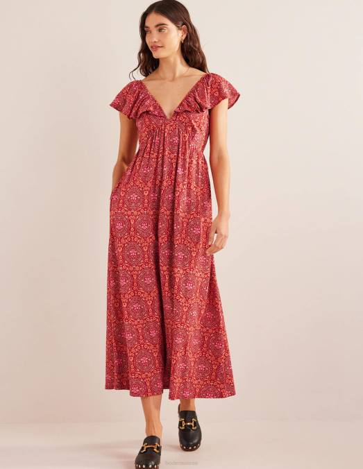 Boden vêtements poinsettia & carrelage exotique femmes robe longue en jersey nouée au dos LB2X1168