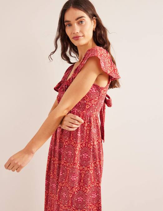 Boden vêtements poinsettia & carrelage exotique femmes robe longue en jersey nouée au dos LB2X1168