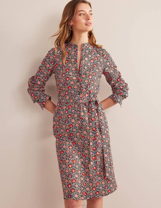 Boden vêtements poinsettia et floraison enchanteresse femmes robe-chemise mi-longue sans col LB2X70