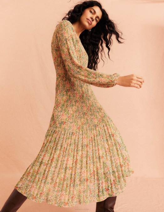 Boden vêtements pop-corn et pétale de gardénia femmes robe midi plissée à col en V LB2X1109