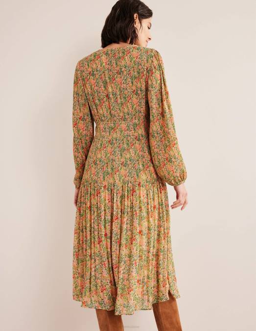 Boden vêtements pop-corn et pétale de gardénia femmes robe midi plissée à col en V LB2X1109