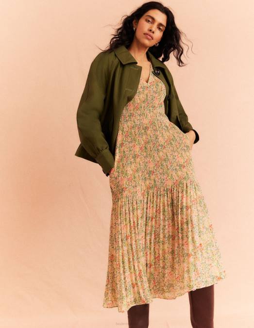 Boden vêtements pop-corn et pétale de gardénia femmes robe midi plissée à col en V LB2X1109