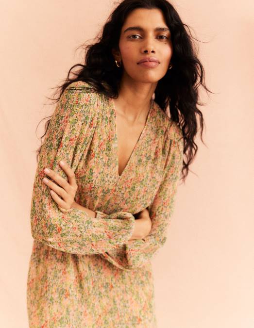 Boden vêtements pop-corn et pétale de gardénia femmes robe midi plissée à col en V LB2X1109
