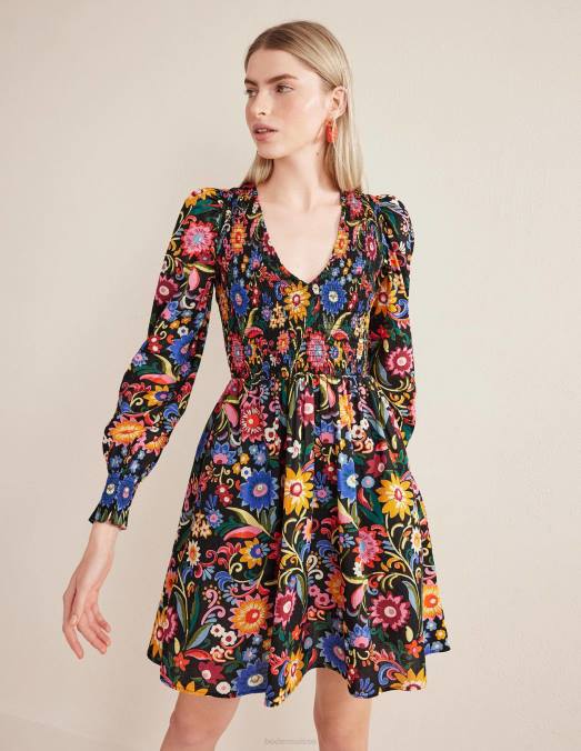 Boden vêtements pop noir et gardénia femmes robe courte à corsage smocké LB2X2390