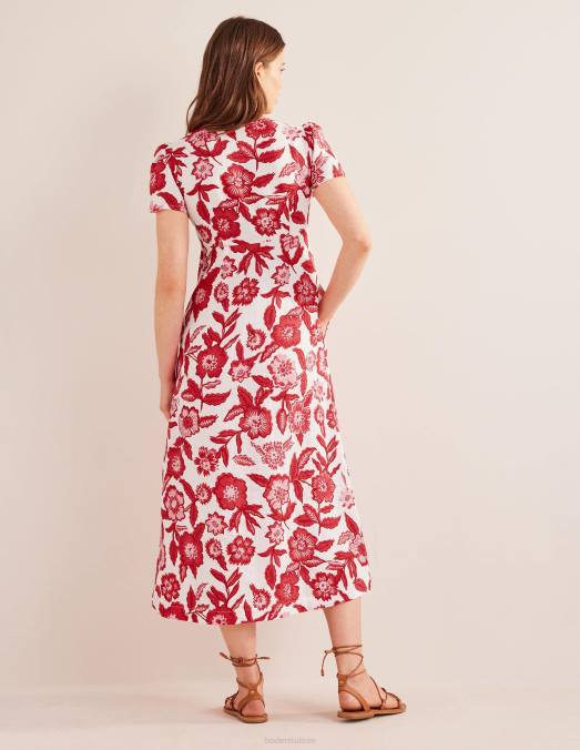 Boden vêtements pop pivoine et pensée femmes robe mi-longue en lin nouée sur le devant LB2X29