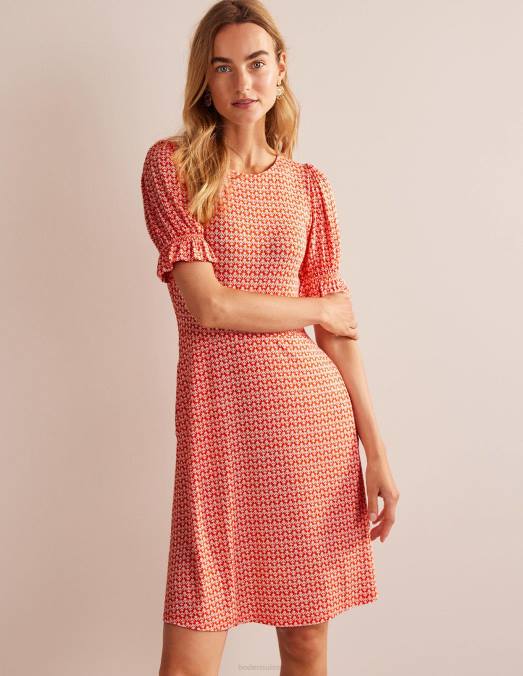 Boden vêtements pop vermillon et tulipe femmes robe courte en jersey à manches bouffantes LB2X57