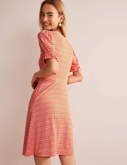 Boden vêtements pop vermillon et tulipe femmes robe courte en jersey à manches bouffantes LB2X57