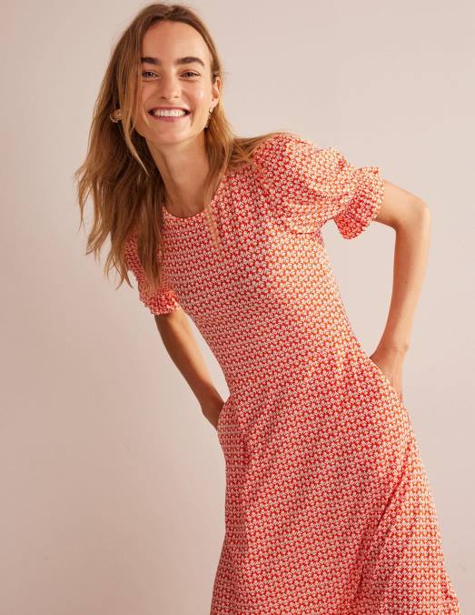 Boden vêtements pop vermillon et tulipe femmes robe courte en jersey à manches bouffantes LB2X57