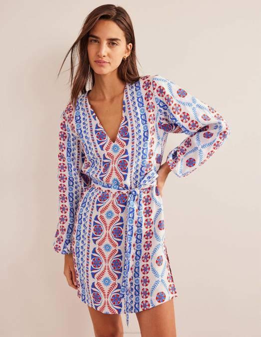 Boden vêtements printemps des prés et rayures opulentes femmes Caftan court à col en V et taille nouée LB2X1139