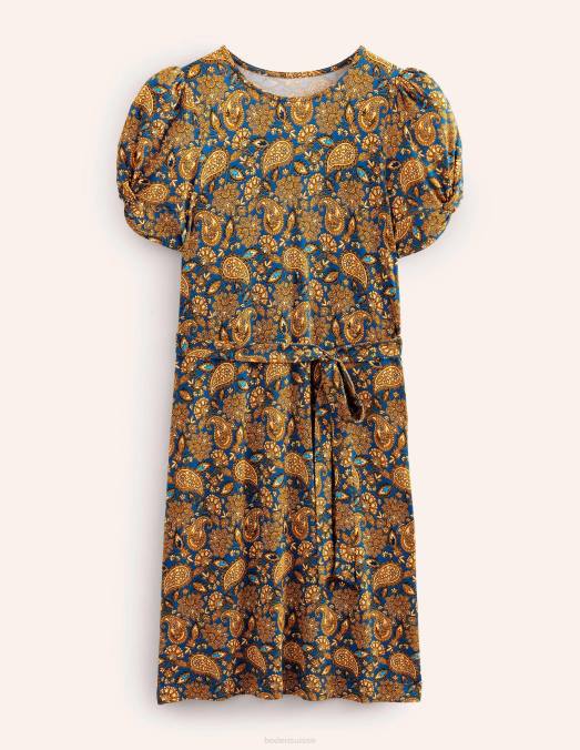 Boden vêtements récolte d'or et terrasse motif cachemire femmes robe courte en jersey à détail de nœud LB2X1040