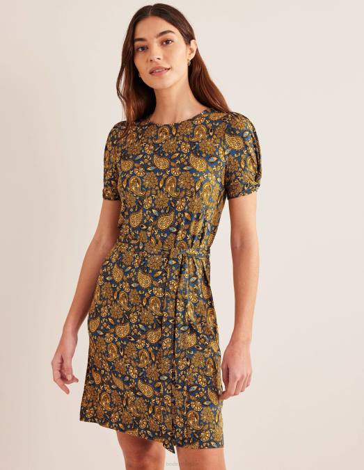 Boden vêtements récolte d'or et terrasse motif cachemire femmes robe courte en jersey à détail de nœud LB2X1040