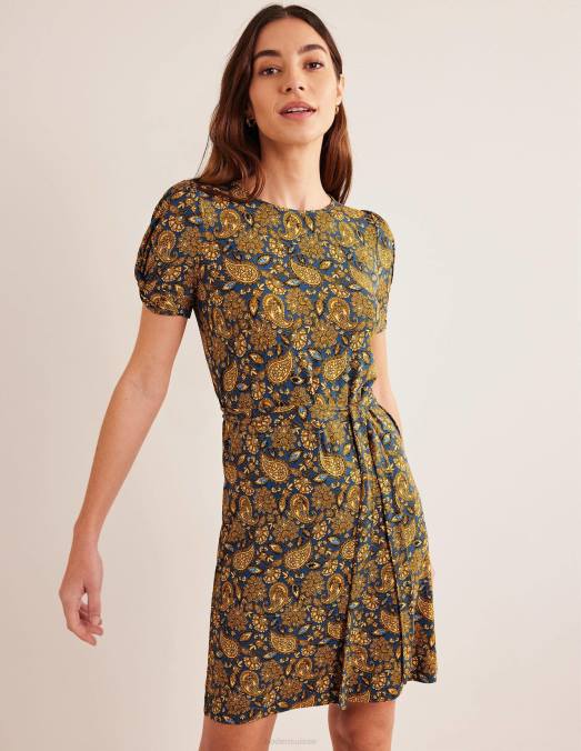 Boden vêtements récolte d'or et terrasse motif cachemire femmes robe courte en jersey à détail de nœud LB2X1040