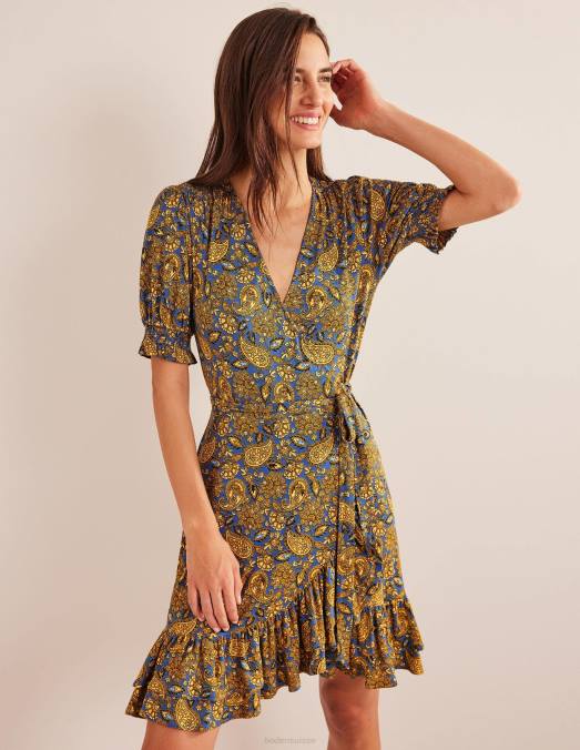 Boden vêtements récolte d'or et terrasse motif cachemire femmes robe courte portefeuille en jersey à volants LB2X2248