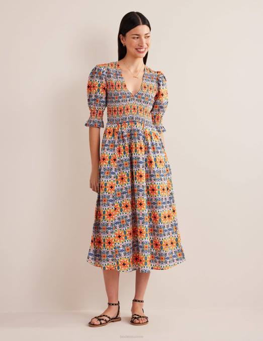 Boden vêtements rayure multi et tapisserie femmes robe midi à corsage smocké LB2X2237