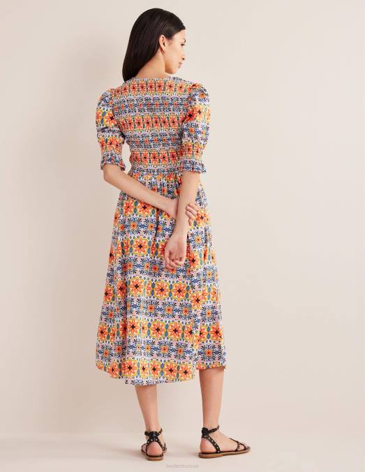 Boden vêtements rayure multi et tapisserie femmes robe midi à corsage smocké LB2X2237