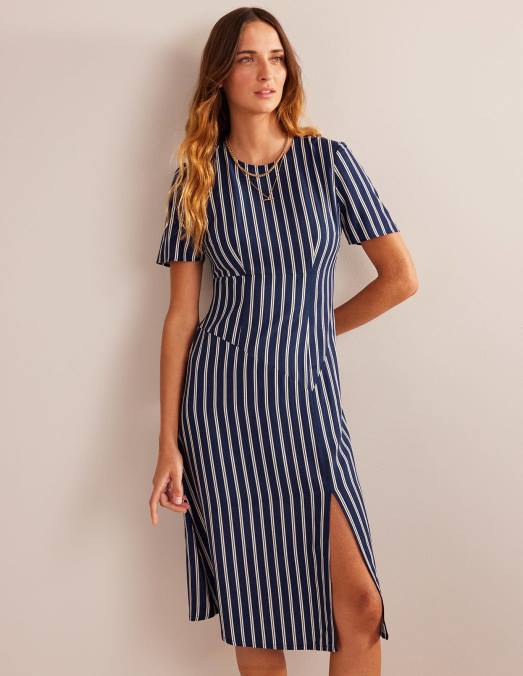 Boden vêtements rayure verticale bleu marine et ivoire femmes robe midi asymétrique à rayures LB2X46