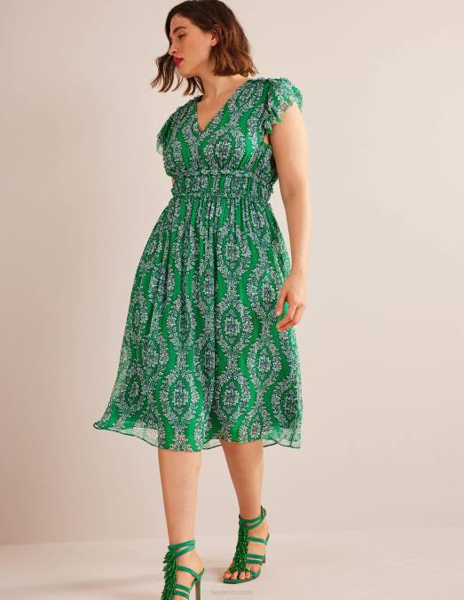 Boden vêtements riche couronne d'émeraude et de botanique femmes robe midi froncée à taille LB2X88