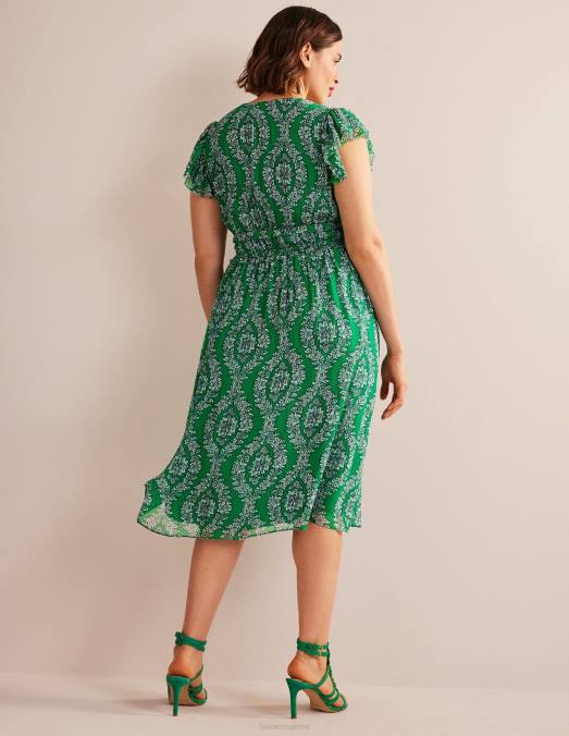 Boden vêtements riche couronne d'émeraude et de botanique femmes robe midi froncée à taille LB2X88