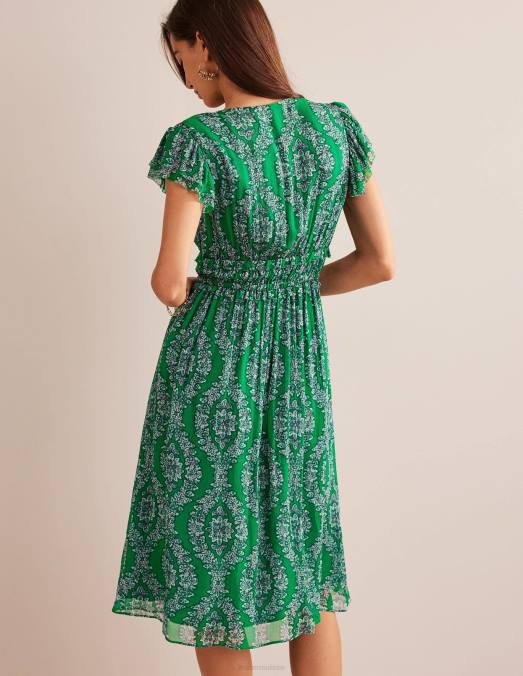 Boden vêtements riche couronne d'émeraude et de botanique femmes robe midi froncée à taille LB2X88
