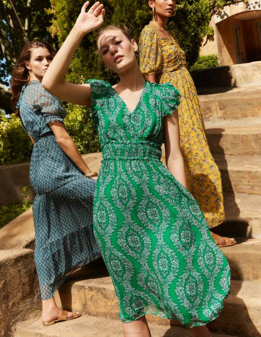Boden vêtements riche couronne d'émeraude et de botanique femmes robe midi froncée à taille LB2X88
