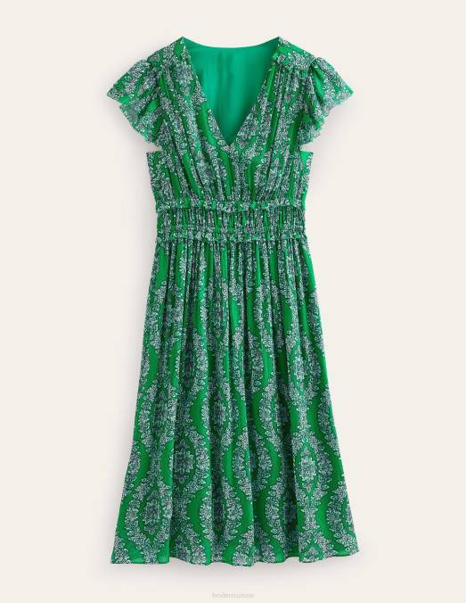 Boden vêtements riche couronne d'émeraude et de botanique femmes robe midi froncée à taille LB2X88