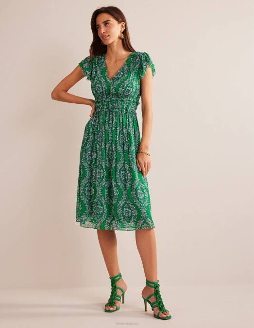 Boden vêtements riche couronne d'émeraude et de botanique femmes robe midi froncée à taille LB2X88