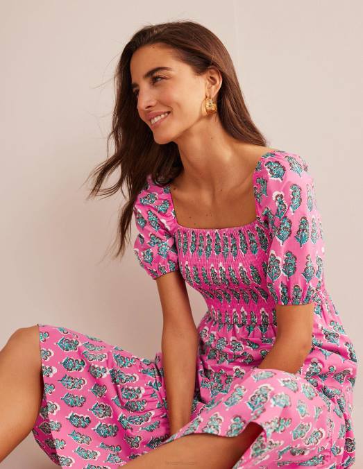 Boden vêtements rose du festival et floraison artisanale femmes robe longue à corsage smocké LB2X578