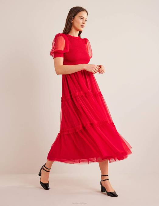 Boden vêtements rose sombre femmes robe longue en tulle à smocks LB2X2151