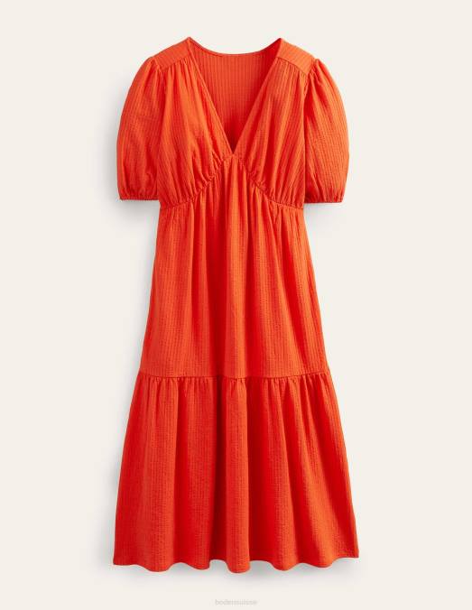 Boden vêtements rouge vermillon femmes robe midi en seersucker LB2X1219