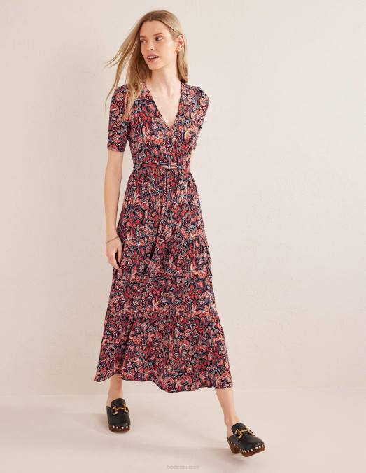 Boden vêtements rouille et lys oriental femmes robe longue portefeuille en jersey à volants LB2X1148