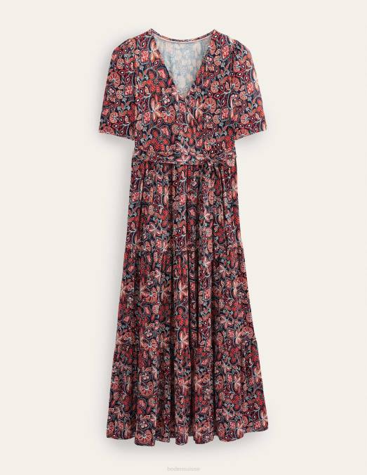 Boden vêtements rouille et lys oriental femmes robe longue portefeuille en jersey à volants LB2X1148