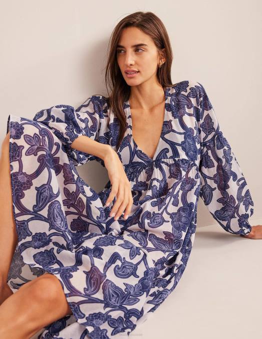 Boden vêtements ruban bleu et tourbillon cachemire femmes caftan de plage maxi empire LB2X72