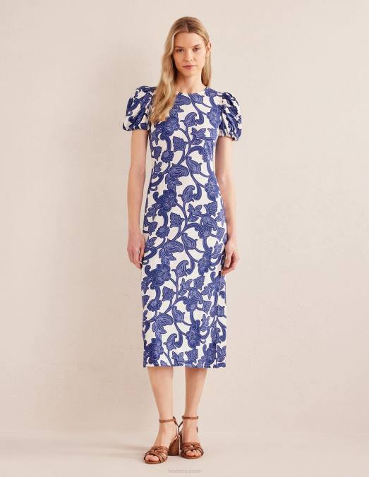 Boden vêtements ruban bleu et tourbillon cachemire femmes robe midi en jersey à manches bouffantes LB2X969