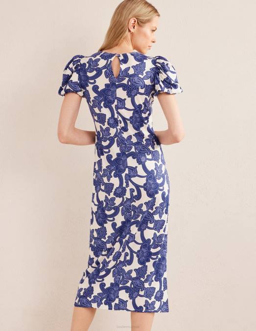 Boden vêtements ruban bleu et tourbillon cachemire femmes robe midi en jersey à manches bouffantes LB2X969